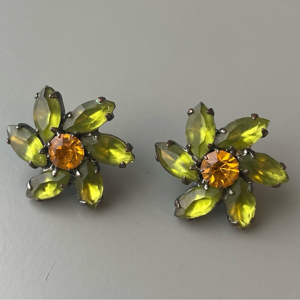 Pinwheel Flower Green Orange Crystal Earrings